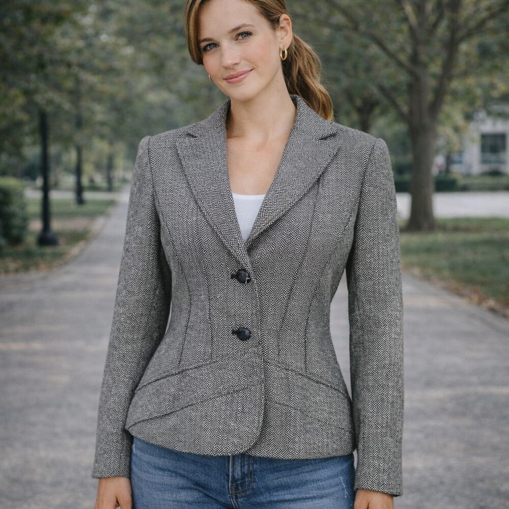 Sandra Angelozzi SZ 10 Wool Blend Black White Herringbone Single Breased Blazer